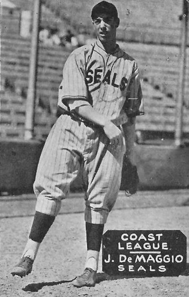 A baseball card of DiMaggio with the San Francisco Seals, c. 1933–36