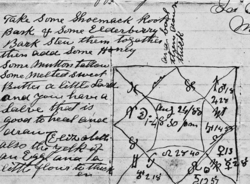 Astrological chart and healing remedy created by Steele for his grandchild's illness included in an August 20, 1888 letter. John Steele Astrlogical Healing Remedy.PNG