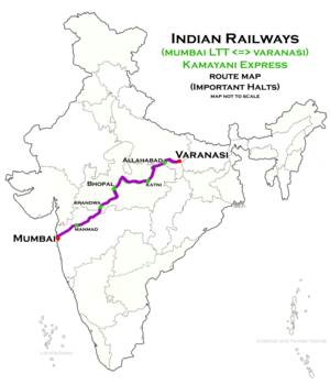 Карта на маршрута Kamayani Express (Мумбай LTT - Варанаси)