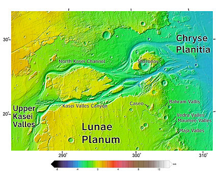 A color-coded elevation map produced from data collected by Mars Global Surveyor indicating the result of floods on Mars.
