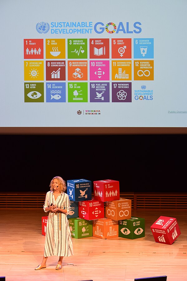 Katherine Maher, then-Executive Director of the Wikimedia Foundation, talks about "The role of free knowledge in advancing the SDGs" in Stockholm, 201