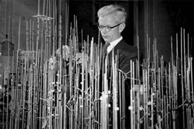 John Kendrew with model of myoglobin in progress