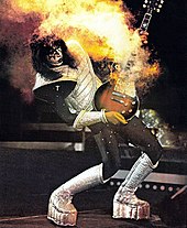 Frehley in 1977 performing his signature smoke effect during the Love Gun Tour