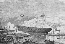 The Japanese battleship Kaiyo Maru was launched at Dordrecht in 1865. She was the largest wooden warship ever launched from a Dutch yard Launch of Kayo Maru in Dordrech 1865.jpg
