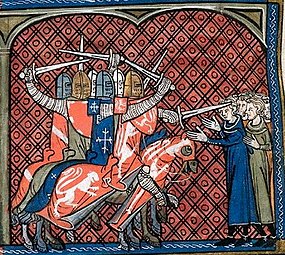 Křižáci pobíjejí katary, dobová iluminace z kroniky ze Saint-Denis, 14. století