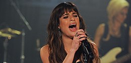 Michele performing songs from Louder at the Walmart Soundcheck in May 2014 Lea Michele Louder Walmart Soundcheck.jpg