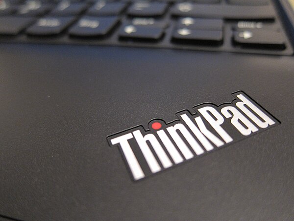 The ThinkPad logo, as seen on the Lenovo ThinkPad X100e laptop computer. Lenovo purchased the ThinkPad line from IBM in 2005.
