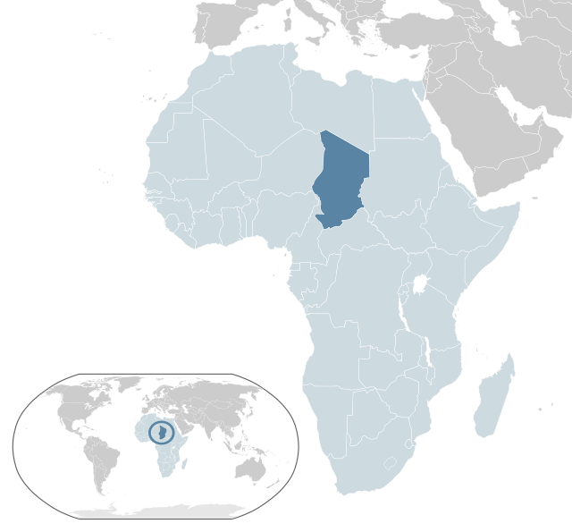 Tšadin sijainti Afrikassa (merkitty vaaleansinisellä ja tummanharmaalla) ja Afrikan unionissa (merkitty vaaleansinisellä).