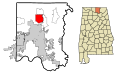 This map shows the incorporated and unincorporated areas in Madison County, Alabama, highlighting Meridianville in red. It was created with a custom script with US Census Bureau data and modified with Inkscape.