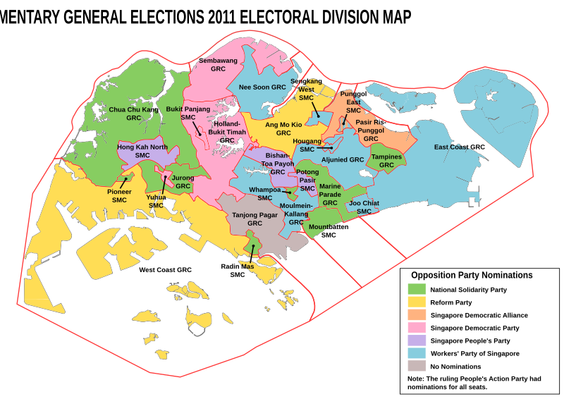 Nominations by various opposition parties as on nomination day on 27 April 2011. Banded shading indicates constituencies with three-party contests. There was no contest in Tanjong Pagar after the opposition team intending to submit a nomination were disqualified. Map of contested electoral divisions in the Singaporean general election 2011.svg