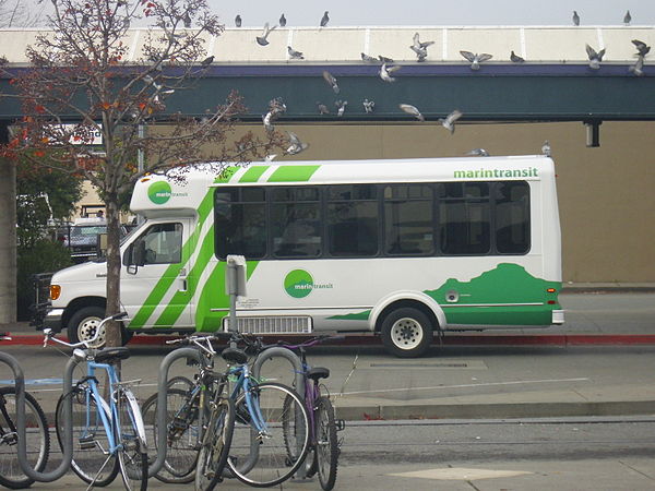 A Marin Transit bus operating on Route 233 at the San Rafael Transit Center.