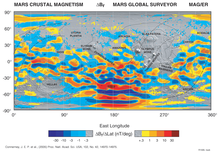 Map of crustal magnetic anomaly distribution on Mars, courtesy of NASA, 2005. Mars Crustal Magnetism MGS.png