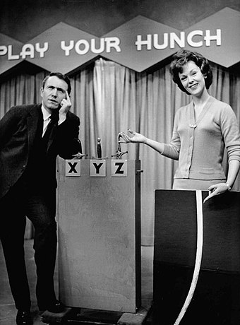 TV game show Play Your Hunch (1958) with host Griffin and Liz Gardner