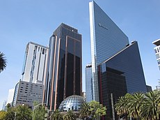 A picture of various skyscrapers as viewed from the ground.