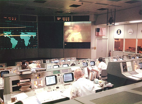 NASA Mission Control Center during the Apollo 13 mission. Note pneumatic tube canisters in console to the right.