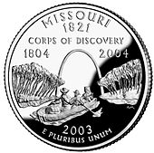 Missouri State quarter featuring the Lewis and Clark Expedition Missouri quarter, reverse side, 2003.jpg