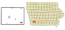 Comté de Montgomery Iowa Zones constituées et non constituées en société Villisca Highlighted.svg