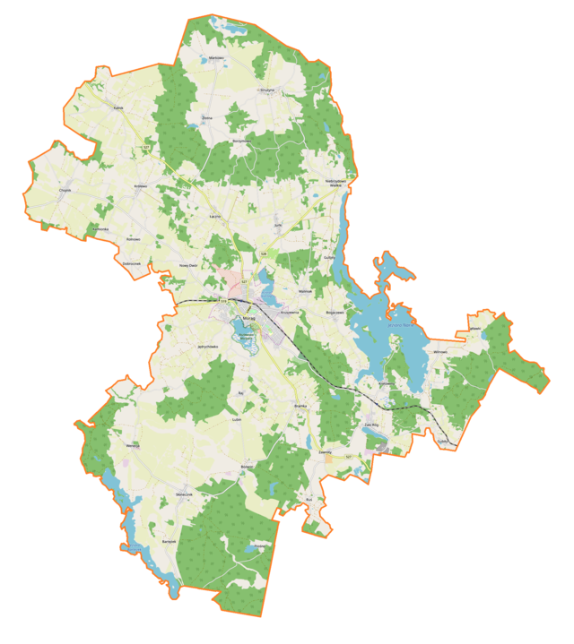 Mapa konturowa gminy Morąg, w centrum znajduje się punkt z opisem „Kościół św. Piotra i Pawław Morągu”