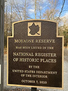 Photo of a sign designating that the Moyaone Reserve has been listed on the National Register of Historic Places Moyaone Reserve Historic Designation Sign.jpg
