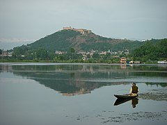 View of the Nigeen lake with the Hari Parbat hill in the background