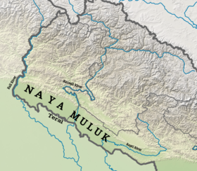 The western Tarai regions (between Kali river to Rapti river, now called Naya Muluk) were returned to Nepal by British India, c. 1860 Naya Muluk.png