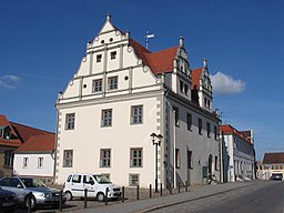 City hall in Renaissance style in Niemegk, built in 1570. The town Niemegk is a part of the Potsdam Mittelmark, state Brandenburg, Germany.