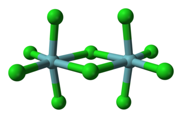 Ball-and-stick model of niobium pentachloride, which exists as a dimer