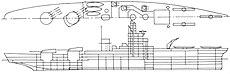 Un dibujo lineal de un barco con dos torretas de popa, ambas en la línea central, y catapultas y una grúa hacia adelante para aviones.