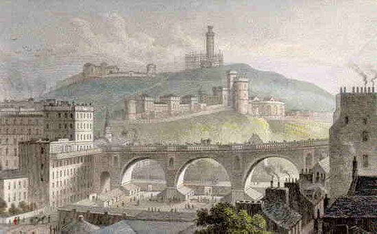 The old North Bridge, from the west, with Calton Hill in the background, in 1829
