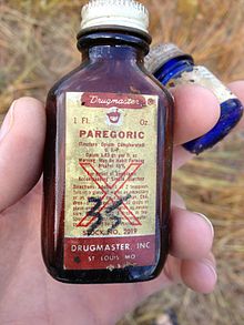 Old bottle of Paregoric, circa 1940s. The large red X on the label indicates that it was classified as an "exempt narcotic", sold without prescription even though it contains morphine. Old bottle of Paregoric- Circa 1940's- 2013-04-07 22-46.jpg