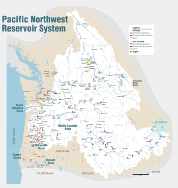 Bassin du fleuve Columbia, montrant les principaux barrages et affluents