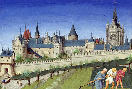 Palais de la Cité in the Très Riches Heures du Duc de Berry (1412-1416). Conciergerie at left rear