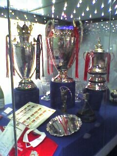 The Treble trophies: the Premier League, Champions League and FA Cup (left to right)