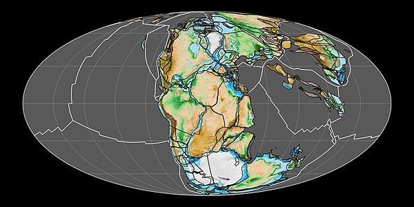 The supercontinent Pangaea in the early Mesozoic (at 200 Ma) surrounded by Panthalassa.