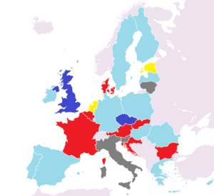 The member-states of the European Union by the European party affiliations of their leaders, as of 1 July 2013. Party affiliations in the European Council (1 July 2013).png