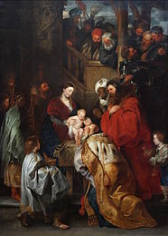 Peter Paul Rubens and workshop. Adoration of the Magi . circa 1619 date QS:P,+1619-00-00T00:00:00Z/9,P1480,Q5727902 . oil on canvas medium QS:P186,Q296955;P186,Q12321255,P518,Q861259 . 384 × 280 cm (12.5 × 9.1 ft). City of Brussels, Royal Museums of Fine Arts of Belgium.