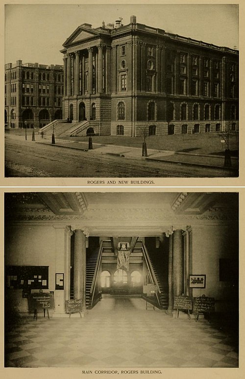 Images of the exterior and main hall of the Rogers Building, 1864, Massachusetts Institute of Technology (The Walker Building is in the background in 
