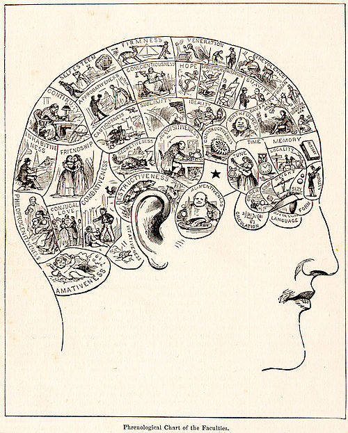 A typical 19th-century phrenology chart: During the 1820s, phrenologists claimed the mind was located in areas of the brain, and were attacked for dou