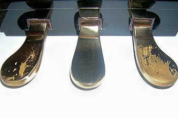 Piano pedals on a Grand Piano.