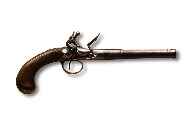 Flintlock pistol in "Queen Anne" layout, made in Lausanne by Galliard, c. 1760. On display at Morges military museum.