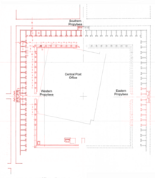 Plan of the ancient forum. Discovered parts are marked in red Plan of Plovdiv Forum.png