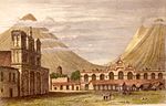 1840 English: Main square with San Joseph Parrish; note the bell towers still in place Español: Parque central con la Parroquia de San José: nótese los campanarios todavía en su lugar