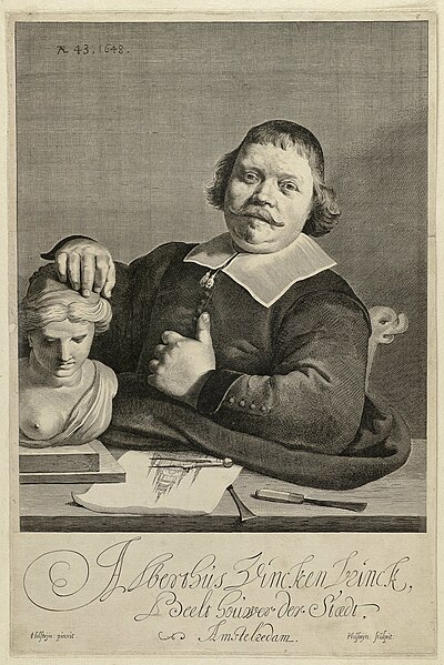 File:Portret van de beeldhouwer Albert Jansz. Vinckenbrinck op 43-jarige leeftijd, aan een tafel, met zijn linkerhand op een gebeeldhouwde kop. Voor hem een tekening waarop een passer en twee bei, NL-HlmNHA 1477 53008703.JPG