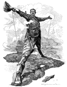 Illustration representing Cecil Rhodes' plan of building railways across Africa, connecting Cape Town and Cairo, aimed at extending the British Empire. Punch Rhodes Colossus.png