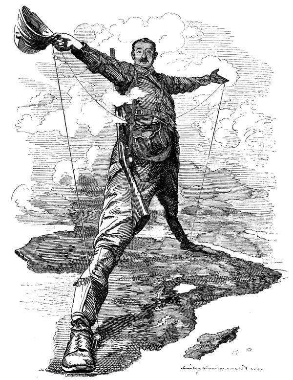 Caricature of Cecil Rhodes, the colonialist behind the never-built Cape to Cairo Railway.