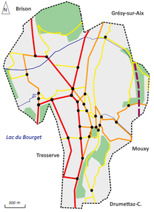 Mapa colorido das principais estradas de uma cidade.