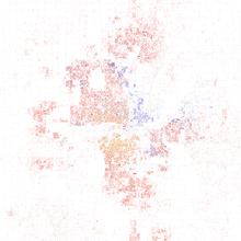 Map of racial distribution in Oklahoma City, 2010 U.S. census. Each dot is 25 people: White, Black, Asian, Hispanic or Other (yellow) Race and ethnicity 2010 Oklahoma City.png