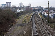 Looking at Lawrence Hill from the north. The disused trackbed on the eastern side of the station is seen on the left. This will be reinstated and electrified as part of the impending upgrade to the Great Western Main Line.