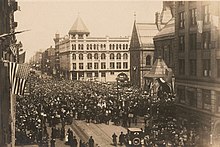 A "Raising of the Flag" event is held, with a procession from the Public Library to City Hall, May 5, 1917 Raising of the Flag event in front of Holyoke City Hall, May 5, 1917.jpg