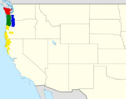 alt=Distribución de las especies de Rhyacotriton en la costa este de Estados Unidos, según los datos de la IUCN.      R. olympicus     R. kezeri      R. cascadae      R. variegatus